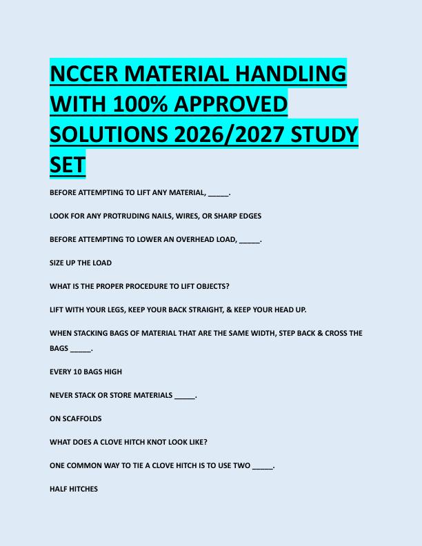 NCCER MATERIAL HANDLING  WITH 100% APPROVED  SOLUTIONS 2026/2027 STUDY  SET 
