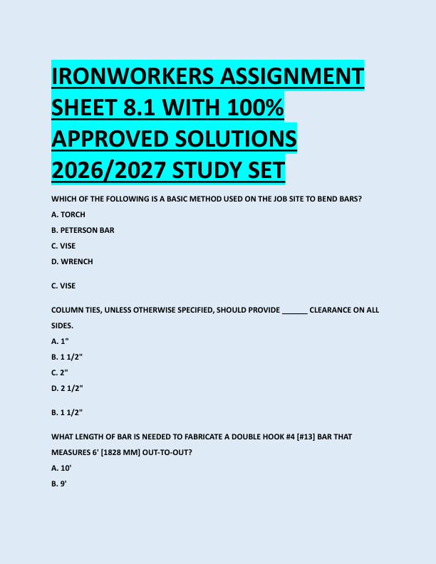 IRONWORKERS ASSIGNMENT  SHEET 8.1 WITH 100%  APPROVED SOLUTIONS  2026/2027 STUDY SET 