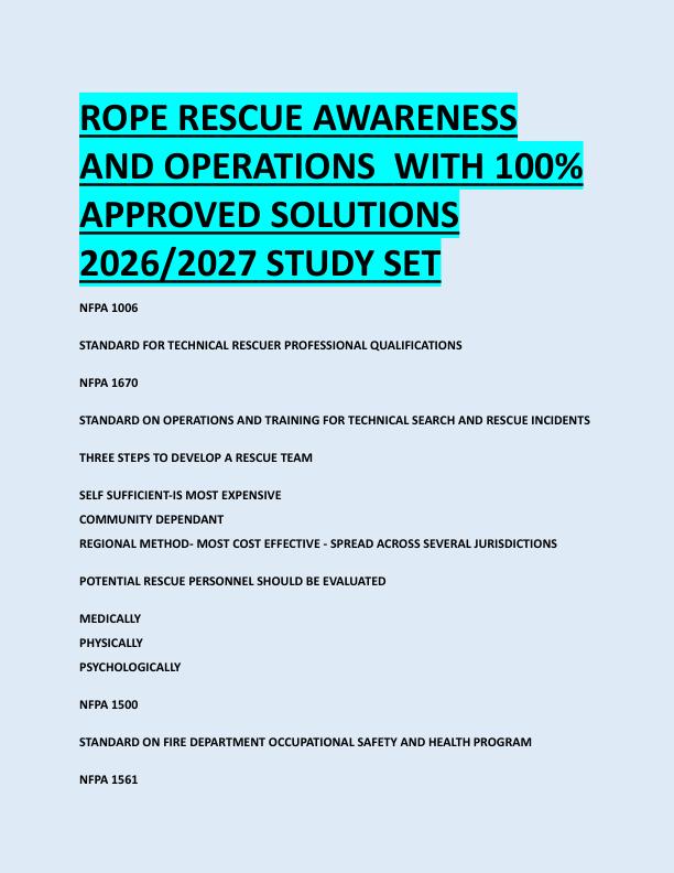 ROPE RESCUE AWARENESS  AND OPERATIONS  WITH 100%  APPROVED SOLUTIONS  2026/2027 STUDY SET 