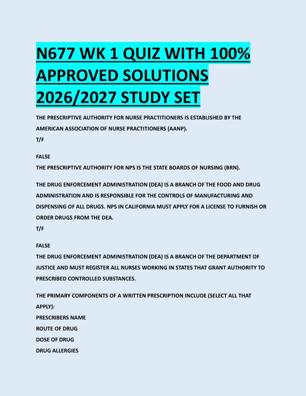 N677 WK 1 QUIZ WITH 100%  APPROVED SOLUTIONS  2026/2027 STUDY SET 