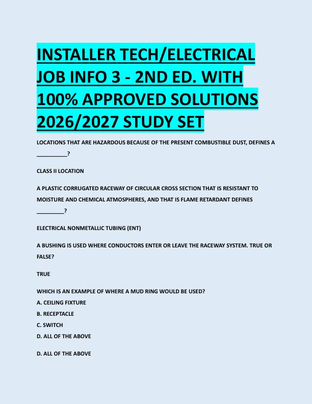 INSTALLER TECH/ELECTRICAL  JOB INFO 3 - 2ND ED. WITH  100% APPROVED SOLUTIONS  2026/2027 STUDY SET 