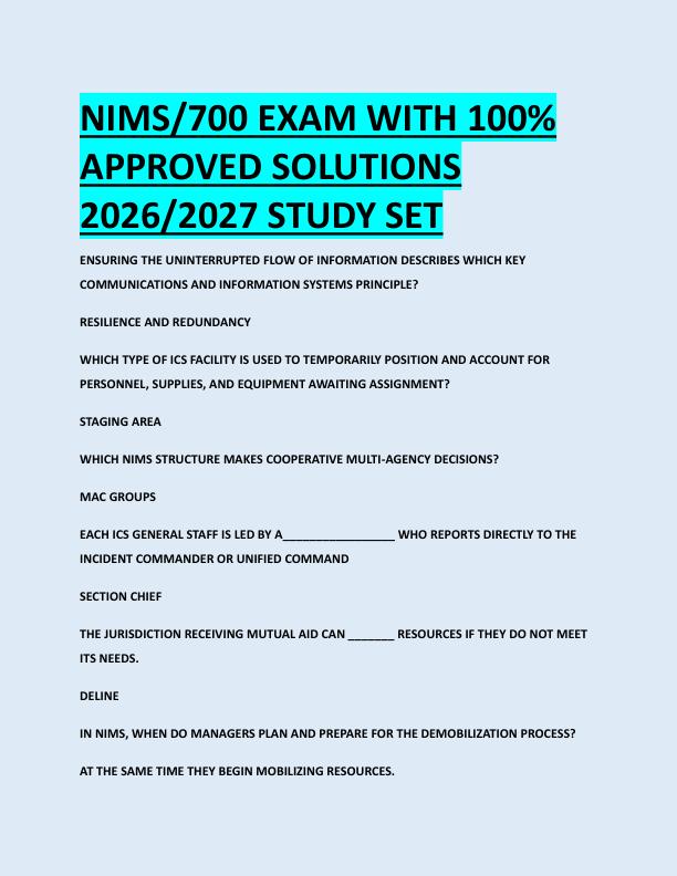 NIMS/700 EXAM WITH 100%  APPROVED SOLUTIONS  2026/2027 STUDY SET 