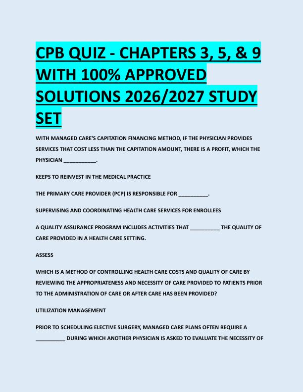 CPB QUIZ - CHAPTERS 3, 5, & 9  WITH 100% APPROVED  SOLUTIONS 2026/2027 STUDY  SET 