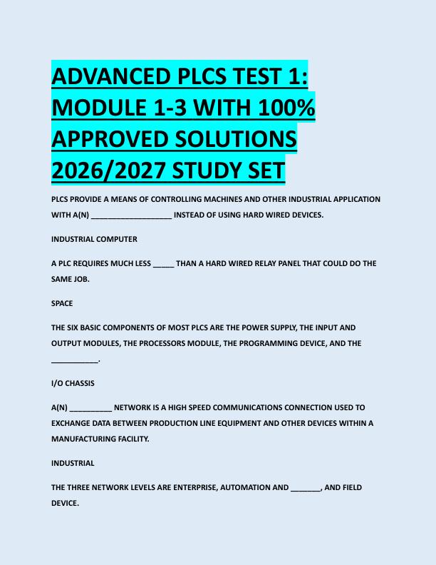 ADVANCED PLCS TEST 1:  MODULE 1-3 WITH 100%  APPROVED SOLUTIONS  2026/2027 STUDY SET 