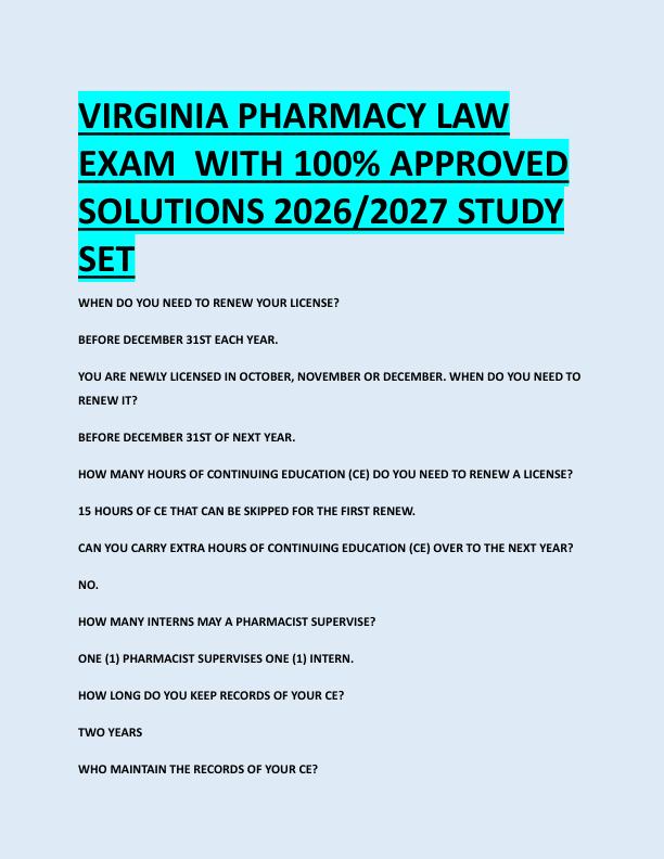 VIRGINIA PHARMACY LAW  EXAM  WITH 100% APPROVED  SOLUTIONS 2026/2027 STUDY  SET 