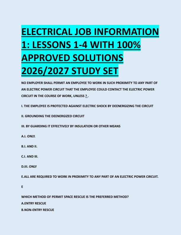 ELECTRICAL JOB INFORMATION  1: LESSONS 1-4 WITH 100%  APPROVED SOLUTIONS  2026/2027 STUDY SET 