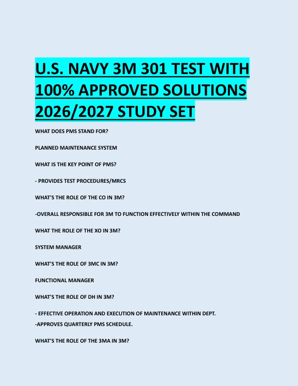 U.S. NAVY 3M 301 TEST WITH  100% APPROVED SOLUTIONS  2026/2027 STUDY SET 