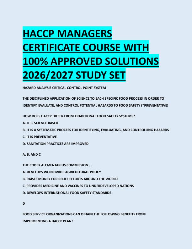 HACCP MANAGERS  CERTIFICATE COURSE WITH  100% APPROVED SOLUTIONS  2026/2027 STUDY SET 