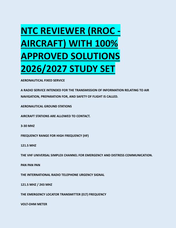 NTC REVIEWER (RROC -  AIRCRAFT) WITH 100%  APPROVED SOLUTIONS  2026/2027 STUDY SET