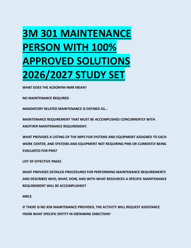 3M 301 MAINTENANCE  PERSON WITH 100%  APPROVED SOLUTIONS  2026/2027 STUDY SET 