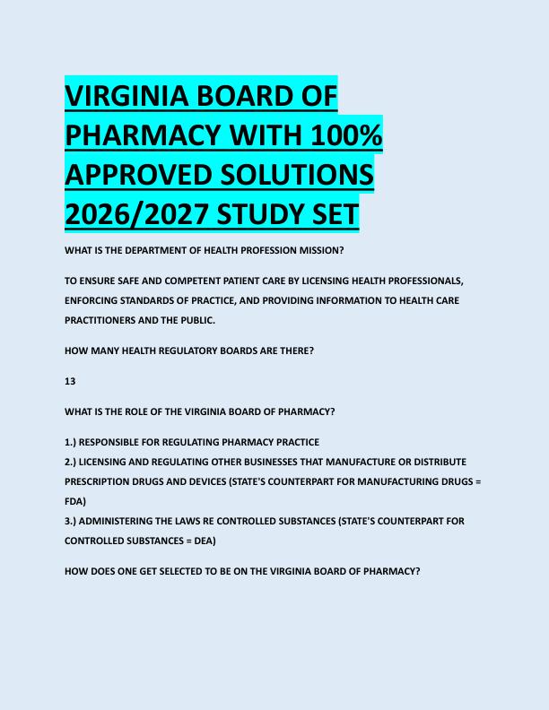 VIRGINIA BOARD OF  PHARMACY WITH 100%  APPROVED SOLUTIONS  2026/2027 STUDY SET 