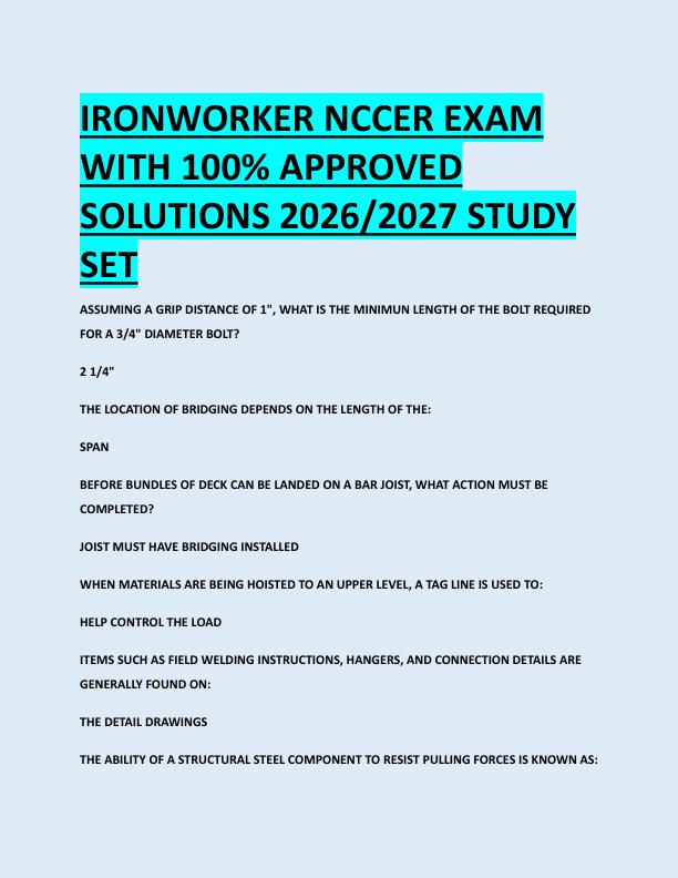 IRONWORKER NCCER EXAM  WITH 100% APPROVED  SOLUTIONS 2026/2027 STUDY  SET 
