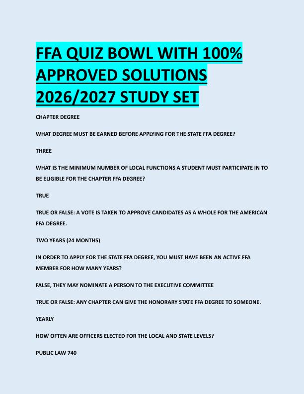 FFA QUIZ BOWL WITH 100%  APPROVED SOLUTIONS  2026/2027 STUDY SET 