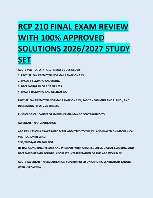 RCP 210 FINAL EXAM REVIEW  WITH 100% APPROVED  SOLUTIONS 2026/2027 STUDY  SET 