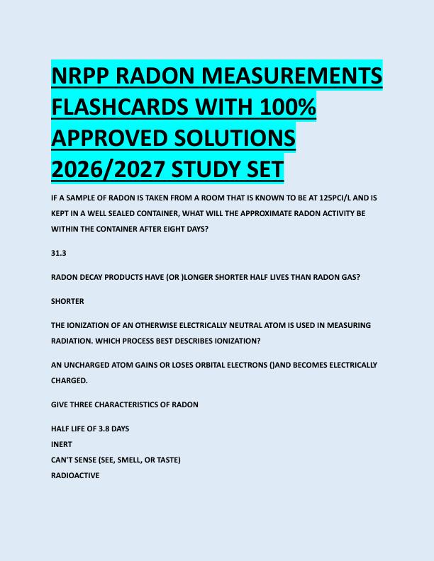 NRPP RADON MEASUREMENTS  FLASHCARDS WITH 100%  APPROVED SOLUTIONS  2026/2027 STUDY SET 