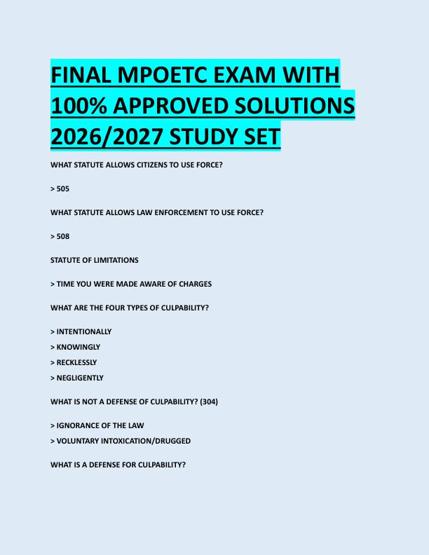 FINAL MPOETC EXAM WITH  100% APPROVED SOLUTIONS  2026/2027 STUDY SET 