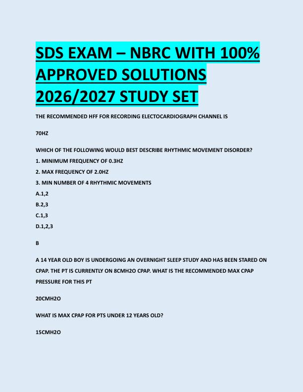 SDS EXAM – NBRC WITH 100%  APPROVED SOLUTIONS  2026/2027 STUDY SET 
