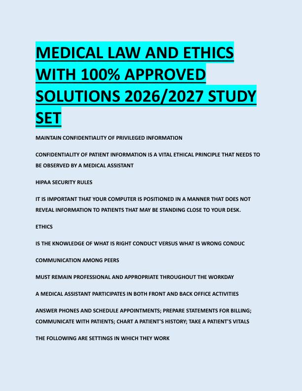 MEDICAL LAW AND ETHICS  WITH 100% APPROVED  SOLUTIONS 2026/2027 STUDY  SET 