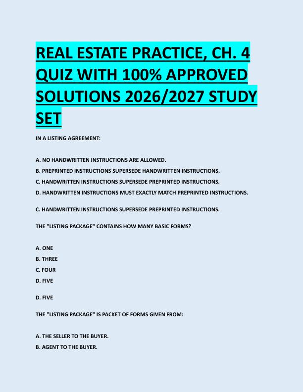 REAL ESTATE PRACTICE, CH. 4  QUIZ WITH 100% APPROVED  SOLUTIONS 2026/2027 STUDY  SET 