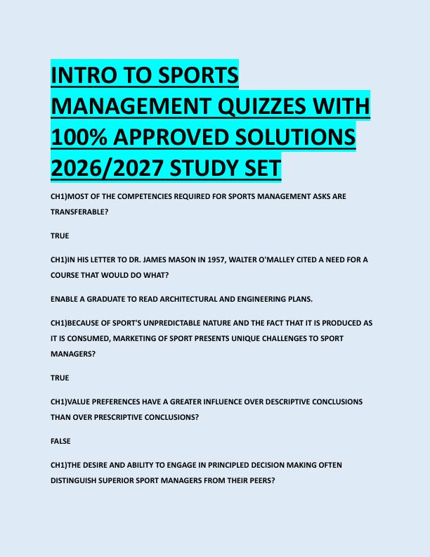 INTRO TO SPORTS  MANAGEMENT QUIZZES WITH  100% APPROVED SOLUTIONS  2026/2027 STUDY SET 