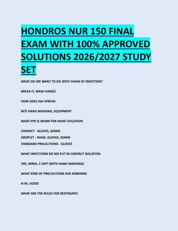 HONDROS NUR 150 FINAL  EXAM WITH 100% APPROVED  SOLUTIONS 2026/2027 STUDY  SET 