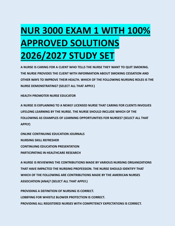 NUR 3000 EXAM 1 WITH 100%  APPROVED SOLUTIONS  2026/2027 STUDY SET 
