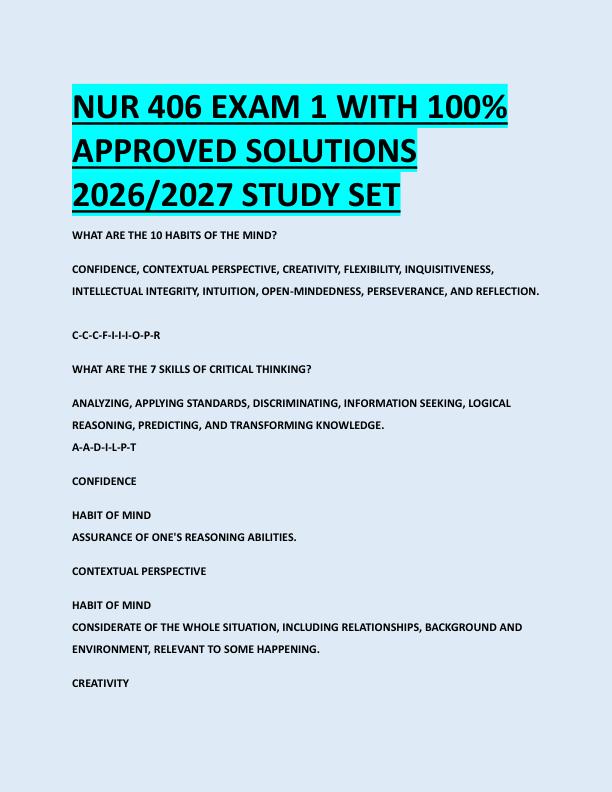 NUR 406 EXAM 1 WITH 100%  APPROVED SOLUTIONS  2026/2027 STUDY SET 