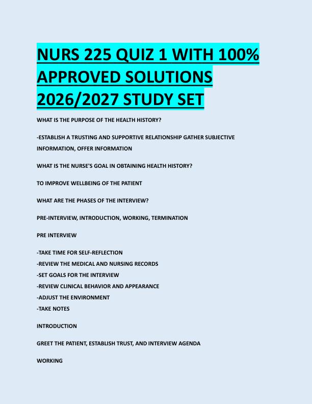 NURS 225 QUIZ 1 WITH 100%  APPROVED SOLUTIONS  2026/2027 STUDY SET 