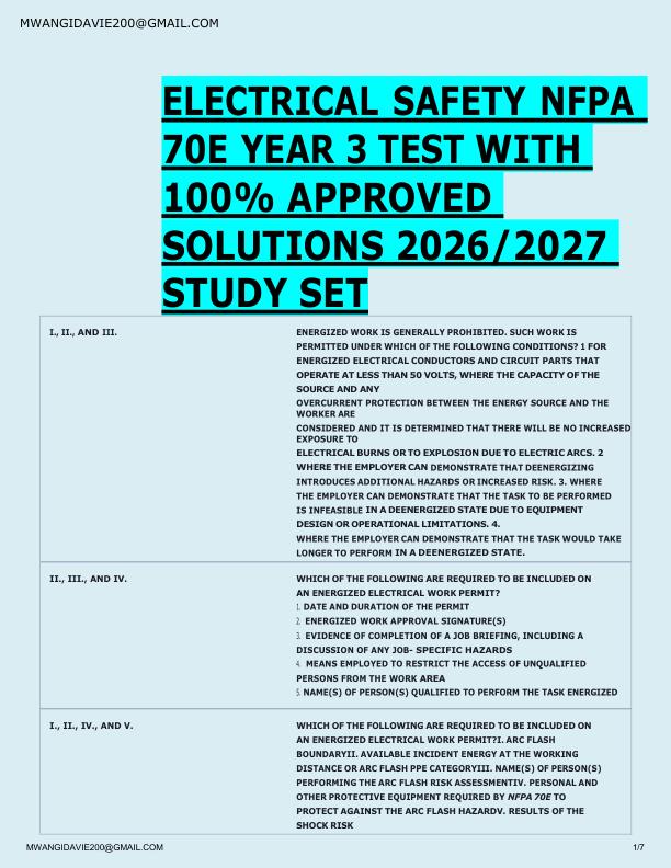   ELECTRICAL SAFETY NFPA  70E YEAR 3 TEST WITH  100% APPROVED  SOLUTIONS 2026/2027  STUDY SET