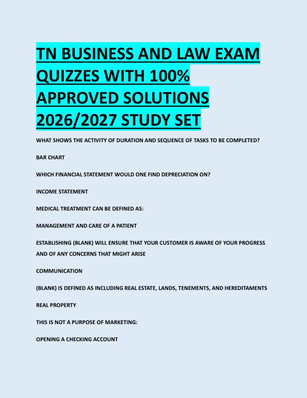 TN BUSINESS AND LAW EXAM  QUIZZES WITH 100%  APPROVED SOLUTIONS  2026/2027 STUDY SET