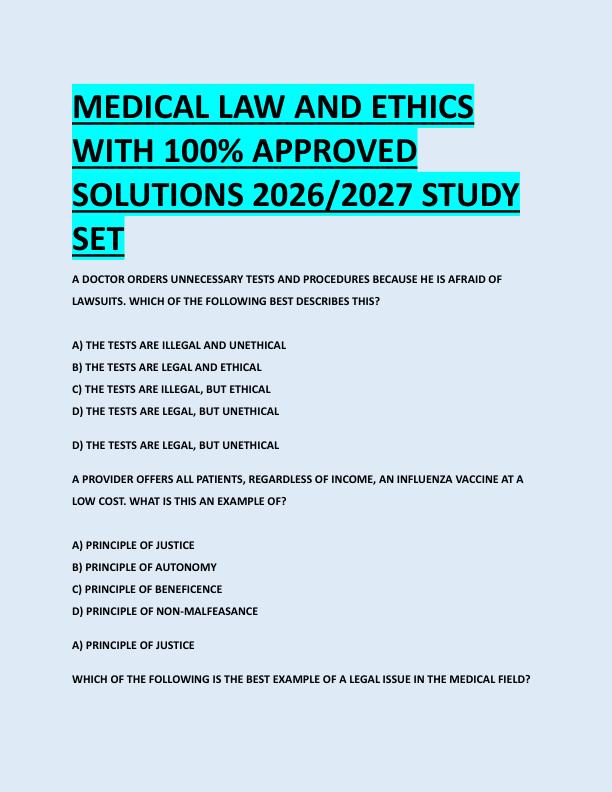 MEDICAL LAW AND ETHICS   WITH 100% APPROVED  SOLUTIONS 2026/2027 STUDY  SET 