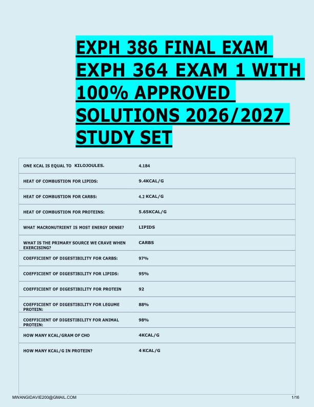 EXPH 386 FINAL EXAM  EXPH 364 EXAM 1 WITH  100% APPROVED  SOLUTIONS 2026/2027  STUDY SET