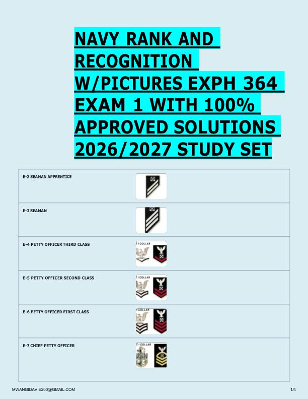 NAVY RANK AND  RECOGNITION  W/PICTURES EXPH 364  EXAM 1 WITH 100%  APPROVED SOLUTIONS  2026/2027 STUDY SET 