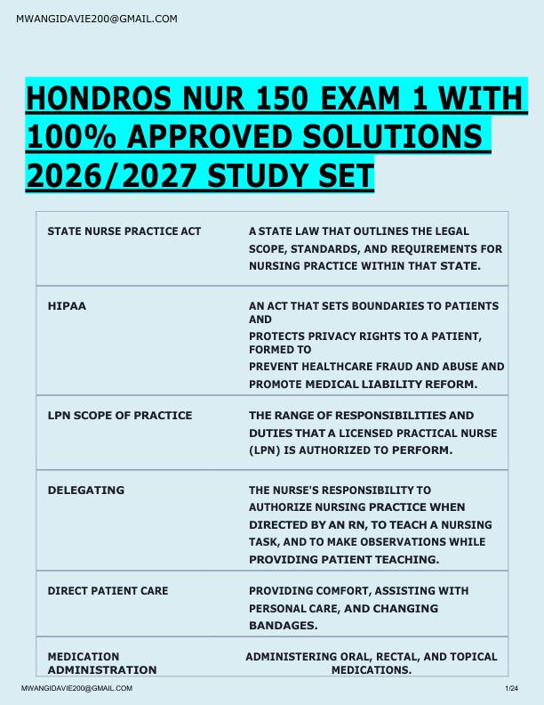   HONDROS NUR 150 EXAM 1 WITH  100% APPROVED SOLUTIONS  2026/2027 STUDY SET