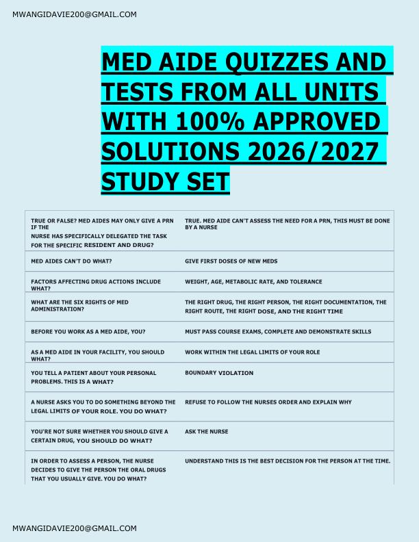 MED AIDE QUIZZES AND  TESTS FROM ALL UNITS  WITH 100% APPROVED  SOLUTIONS 2026/2027  STUDY SET 