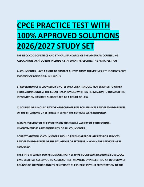 CPCE PRACTICE TEST WITH  100% APPROVED SOLUTIONS  2026/2027 STUDY SET 