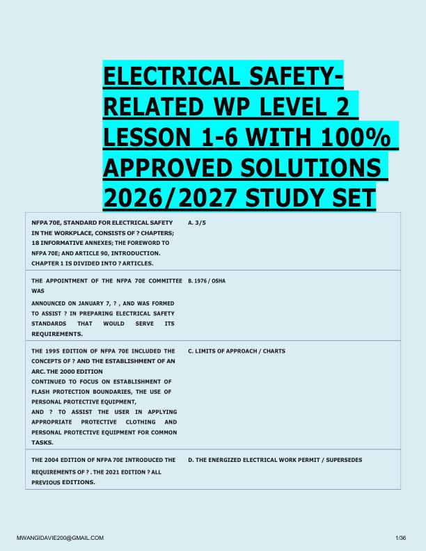 ELECTRICAL SAFETY RELATED WP LEVEL 2  LESSON 1-6 WITH 100%  APPROVED SOLUTIONS  2026/2027 STUDY SET