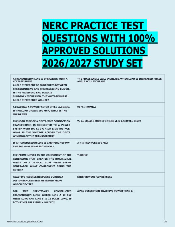 NERC PRACTICE TEST  QUESTIONS WITH 100%  APPROVED SOLUTIONS  2026/2027 STUDY SET 