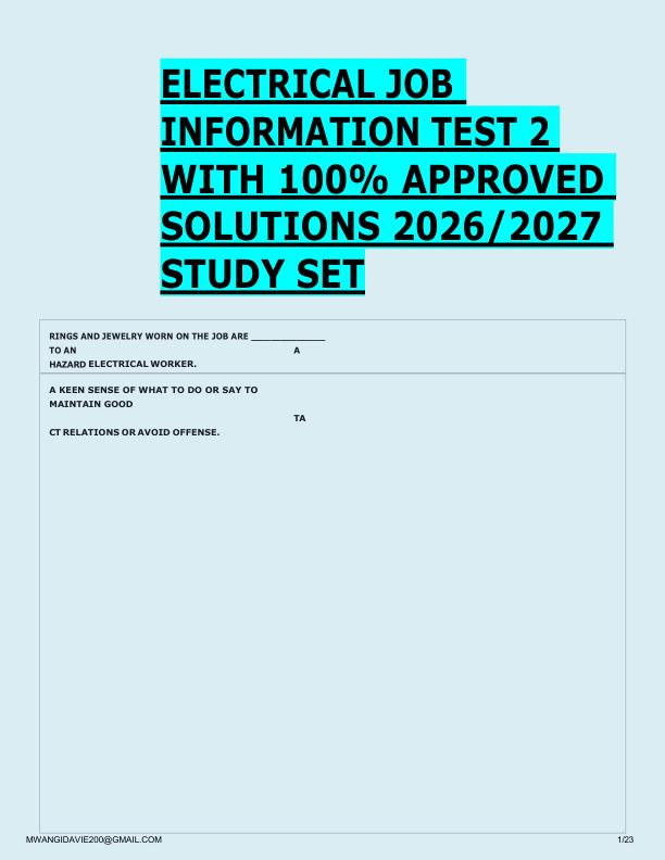  ELECTRICAL JOB  INFORMATION TEST 2  WITH 100% APPROVED  SOLUTIONS 2026/2027  STUDY SET 