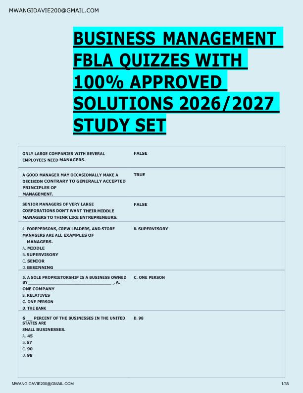 BUSINESS MANAGEMENT  FBLA QUIZZES WITH  100% APPROVED  SOLUTIONS 2026/2027  STUDY SET