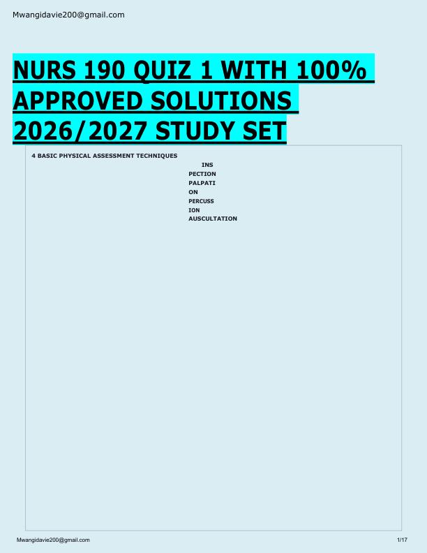 NURS 190 QUIZ 1 WITH 100%  APPROVED SOLUTIONS  2026/2027 STUDY SET