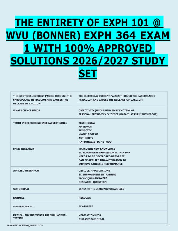 THE ENTIRETY OF EXPH 101 @  WVU (BONNER) EXPH 364 EXAM  1 WITH 100% APPROVED  SOLUTIONS 2026/2027 STUDY  SET 