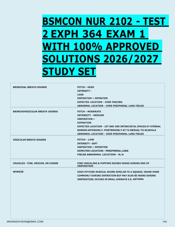 BSMCON NUR 2102 - TEST  2 EXPH 364 EXAM 1  WITH 100% APPROVED  SOLUTIONS 2026/2027  STUDY SET