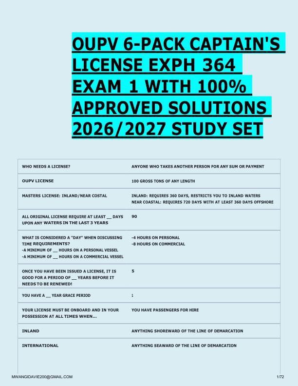 OUPV 6-PACK CAPTAIN'S  LICENSE EXPH 364  EXAM 1 WITH 100%  APPROVED SOLUTIONS  2026/2027 STUDY SET