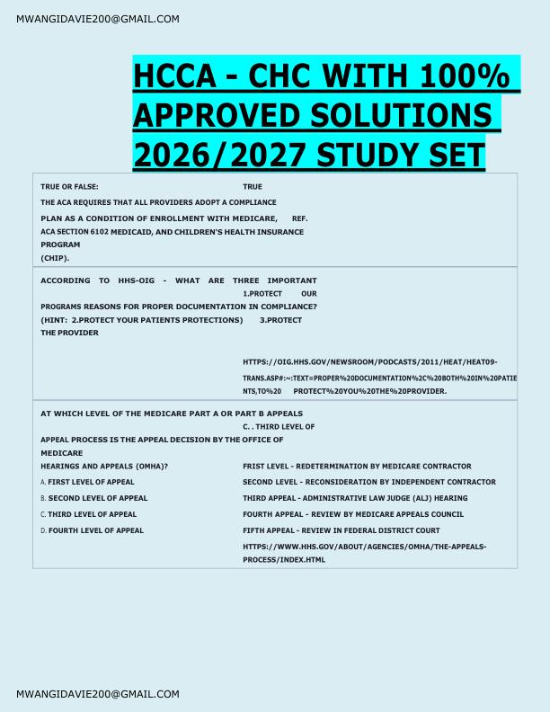   HCCA - CHC WITH 100%  APPROVED SOLUTIONS  2026/2027 STUDY SET
