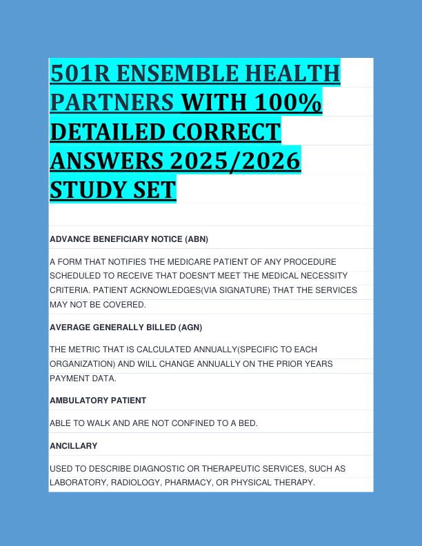 501R ENSEMBLE HEALTH  PARTNERS WITH 100%  DETAILED CORRECT  ANSWERS 2025/2026  STUDY SET 