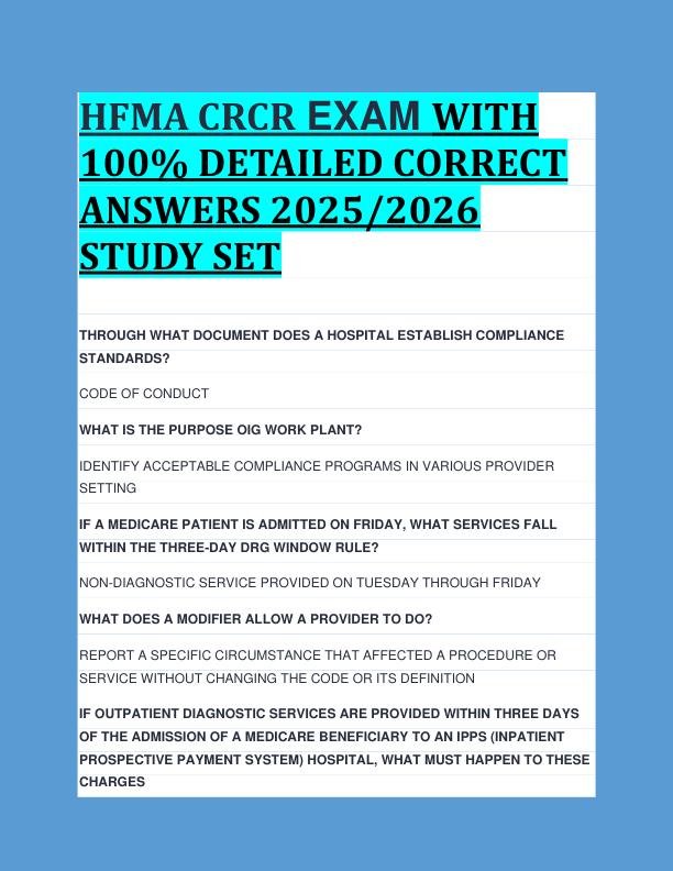 HFMA CRCR EXAM WITH  100% DETAILED CORRECT  ANSWERS 2025/2026  STUDY SET 