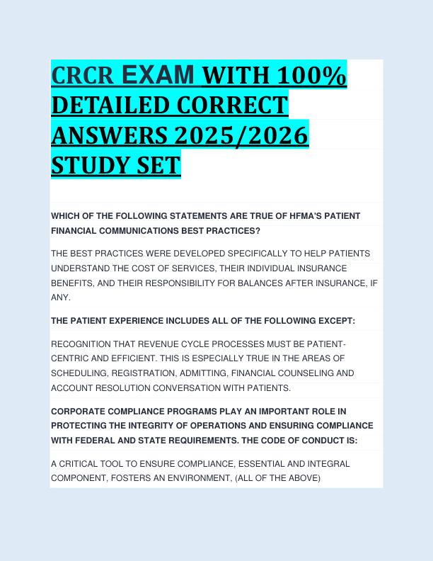 CRCR EXAM WITH 100%  DETAILED CORRECT  ANSWERS 2025/2026  STUDY SET 