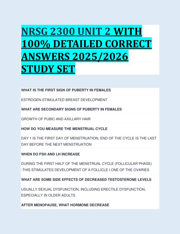 NRSG 2300 UNIT 2 WITH  100% DETAILED CORRECT  ANSWERS 2025/2026  STUDY SET 