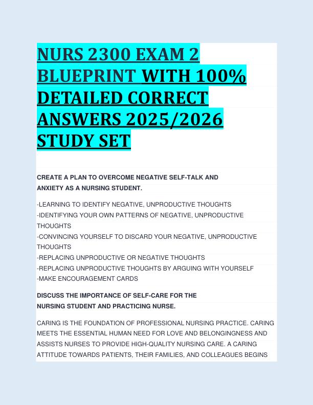 NURS 2300 EXAM 2  BLUEPRINT WITH 100%  DETAILED CORRECT  ANSWERS 2025/2026  STUDY SET 